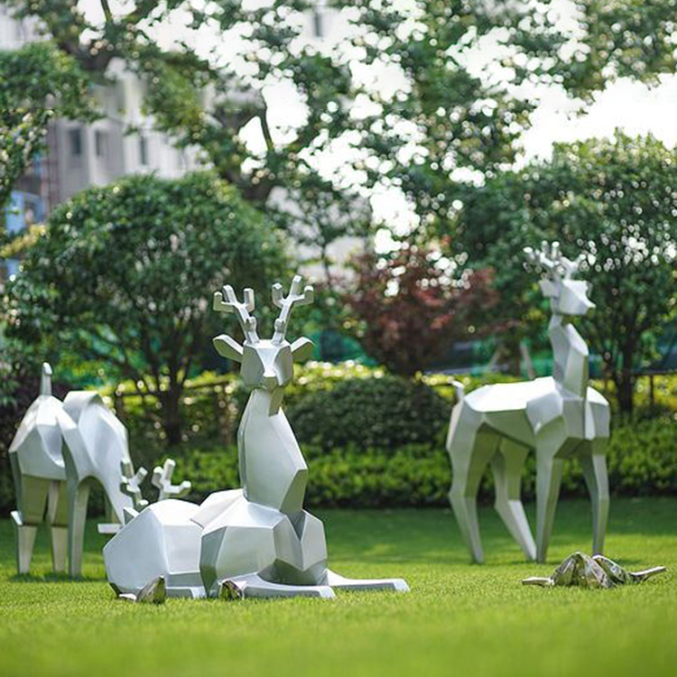 不锈钢几何鹿 公园抽象动物雕塑 (3)