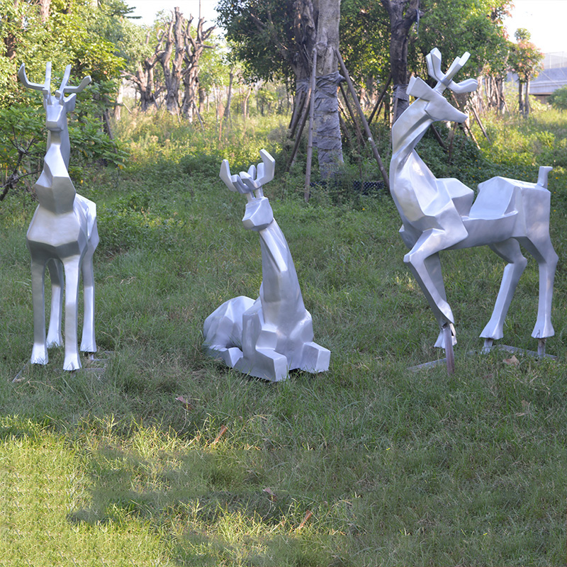 不锈钢几何鹿雕塑，公园动物雕塑 (4)